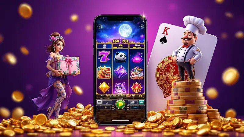 Antarmuka slot mobile dengan reel dan elemen navigasi yang ringkas